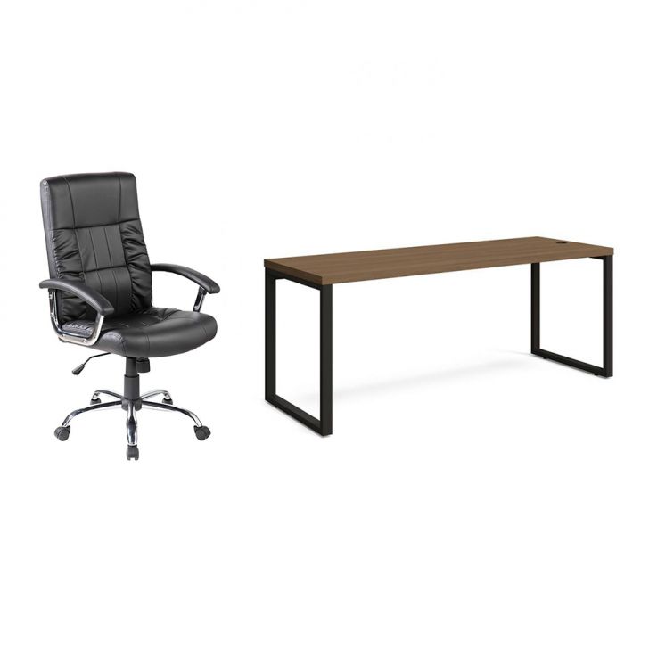 Conjunto de Mesa Munique Carvalho 190 cm com Cadeira de Escritório Presidente Giratória com Relax Office Plus Preta