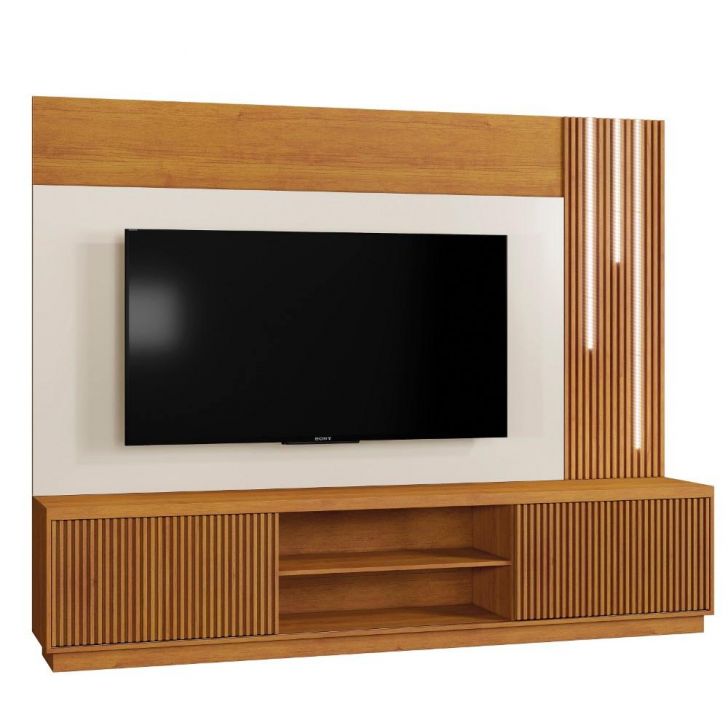 Estante Home para TV Valencia com LED e Ripado MDF e MDP Naturalle e Off White