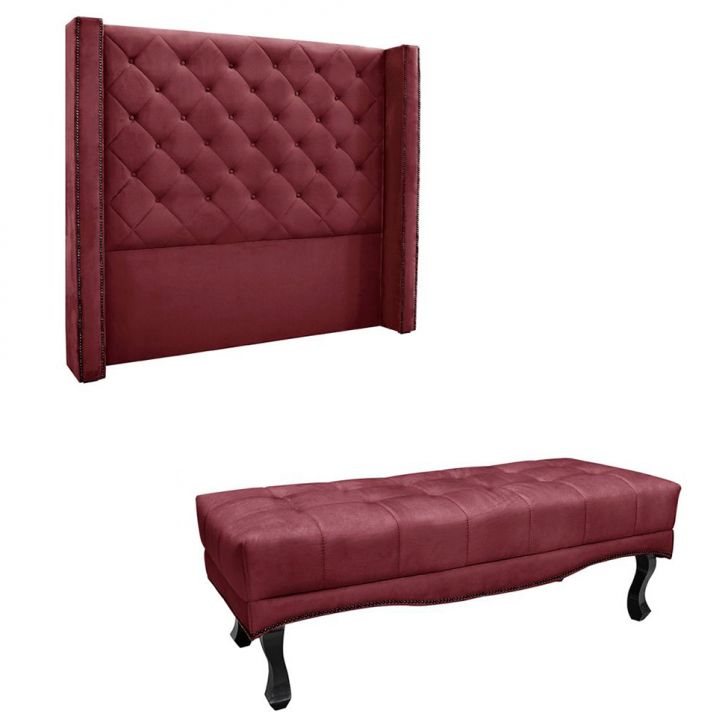 Conjunto de Cabeceira Casal com Recamier Vicenza Veludo Vinho