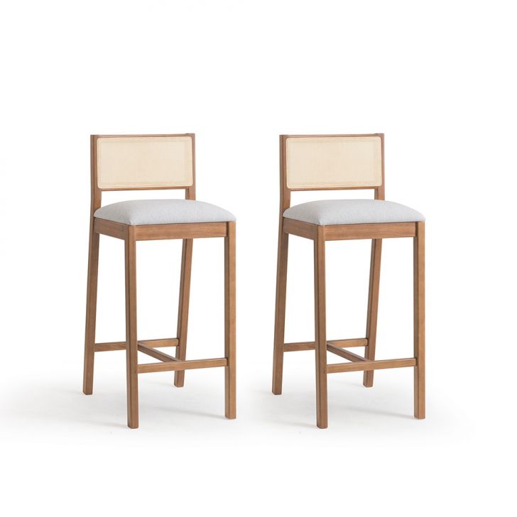 Conjunto com 2 Banquetas Serena com Tela Natural Algodão Cinza Claro e Marrom