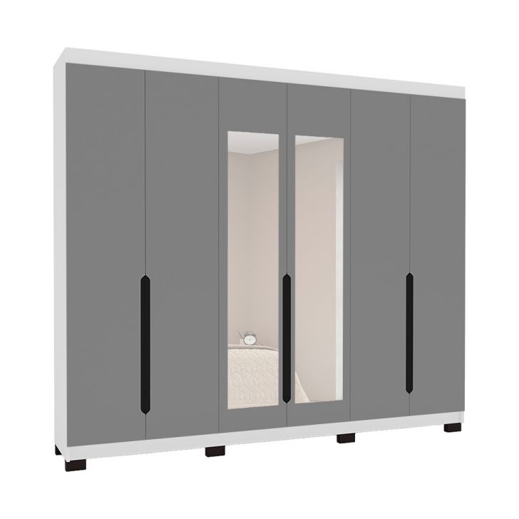 Guarda-roupa Casal Com Espelho Madrid 6 Portas 4 Gavetas Branco E Cinza