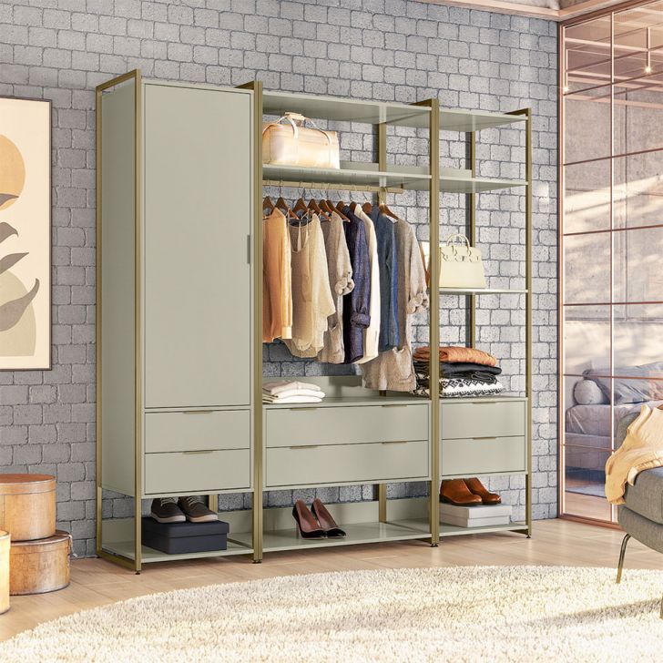 Guarda-roupa Closet Industrial Mital 1 Porta 6 Gavetas Off White E Dourado
