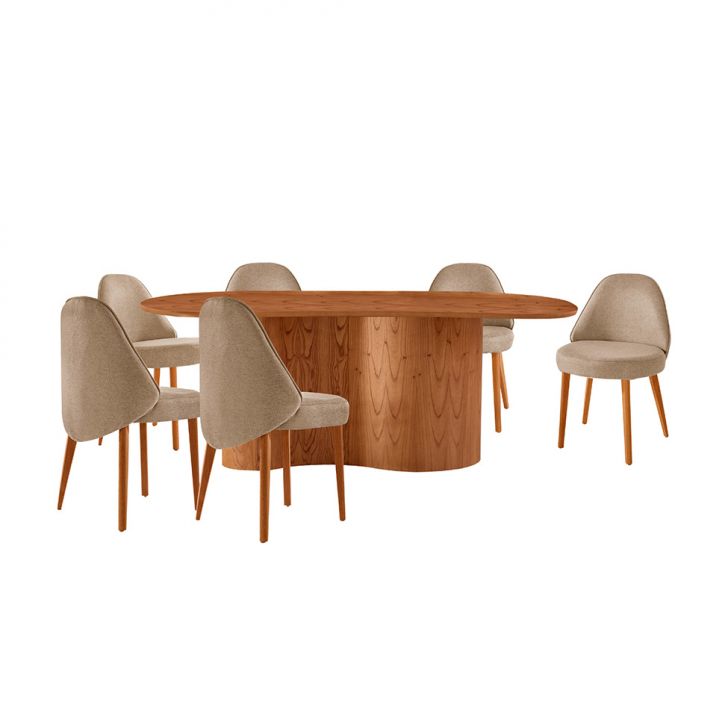 Mesa De Jantar Orgânica Com Tampo Laminado E 6 Cadeiras Floripa Linho Âmbar E Imbuia Natural