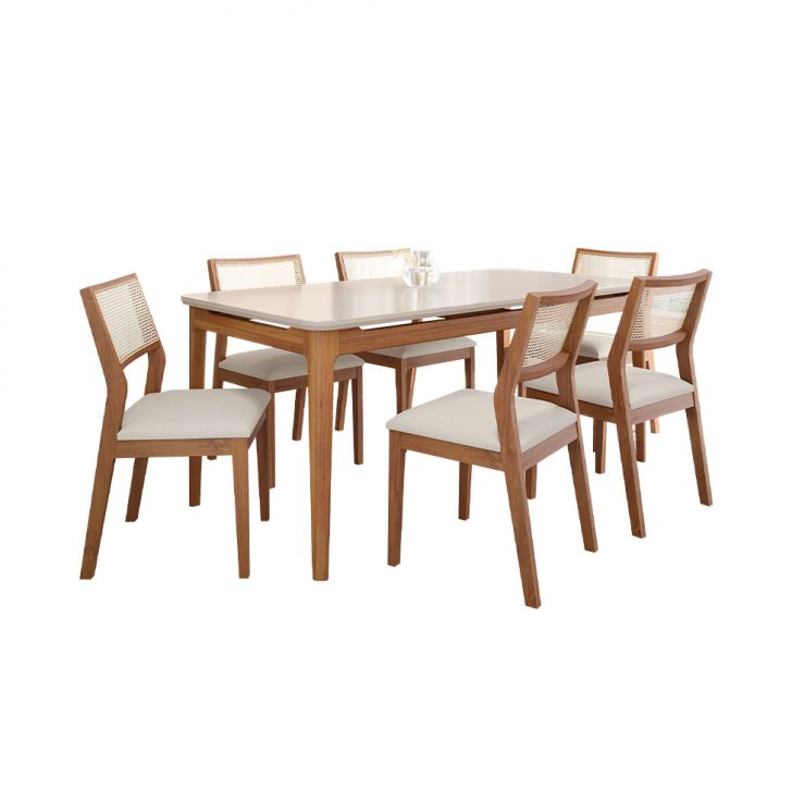 Conjunto De Mesa Retangular Com Tampo De Vidro Off White Baobá E 6 Cadeiras Bella Linho Cru E Madeira 180 Cm