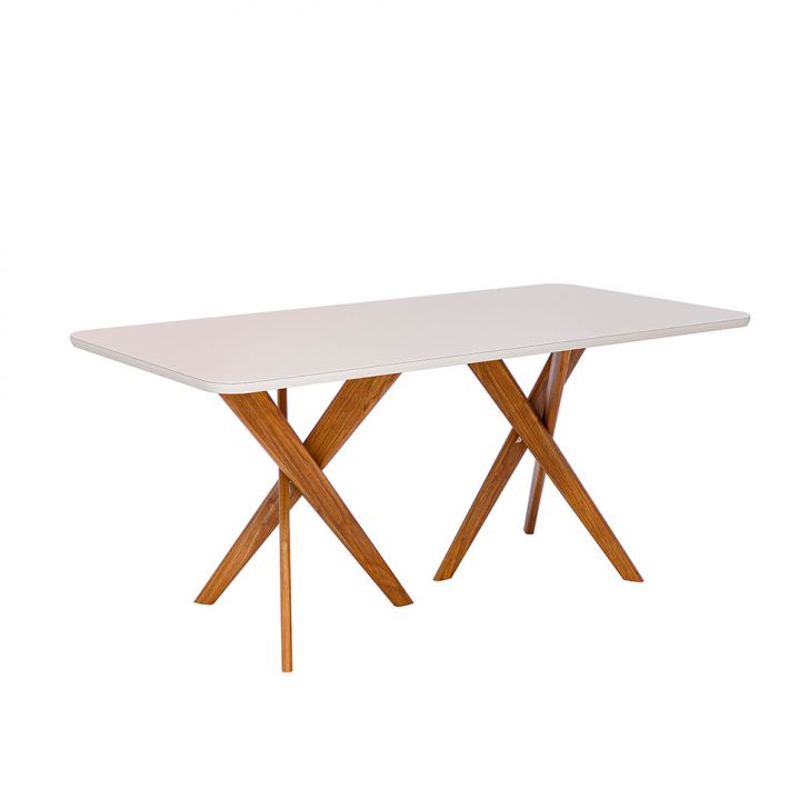 Mesa de Jantar Retangular com Tampo de Vidro Cacau Off White e Madeira 180 cm