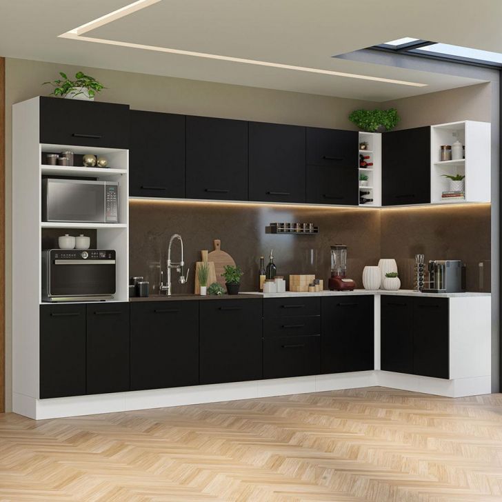 Armário de Cozinha Completa de Canto 499cm Branco/Preto Agata Madesa 01