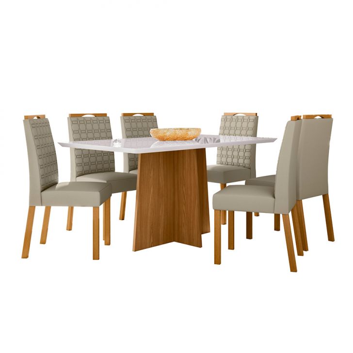 Conjunto de Mesa Retangular com Tampo de Vidro Off White Anitta e 6 Cadeiras Mariana Poliéster Nude e Ypê