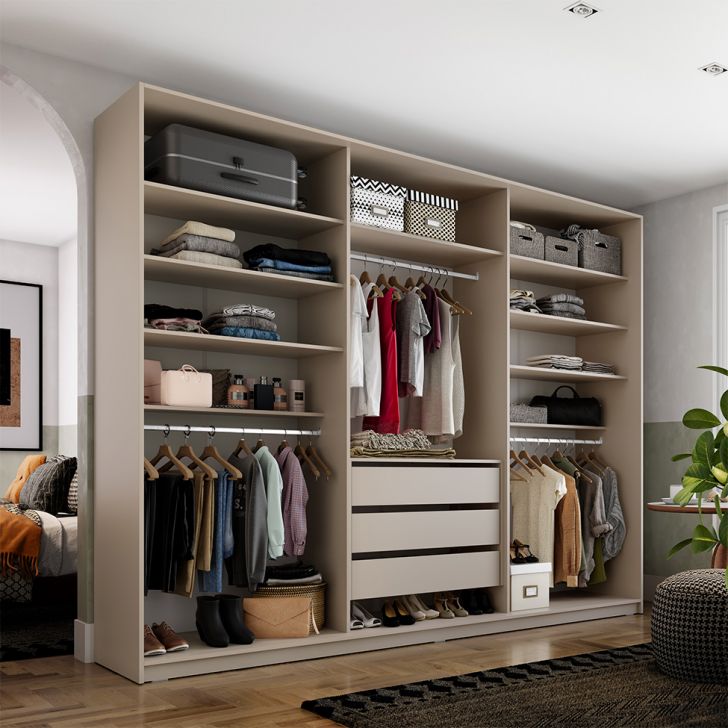 Guarda-roupa Closet Monreale 100 % Mdf 3 Gavetas Bege 237 Cm