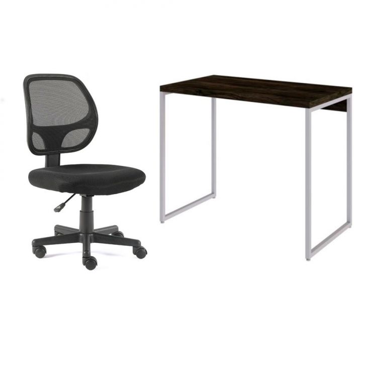 Conjunto de Mesa Studio Carvalho Dark e Branca com Cadeira de Escritório Secretária Giratória Oxford Preta