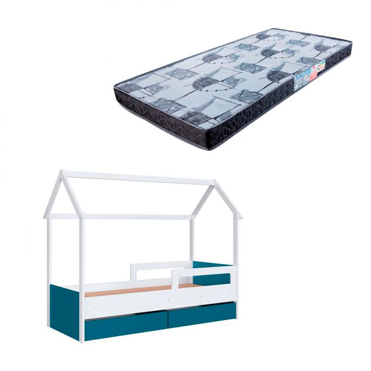 Cama Infantil Montessoriana Miney 2 GV Branco e Azul com Colchão Astra D20 Preto e Cinza