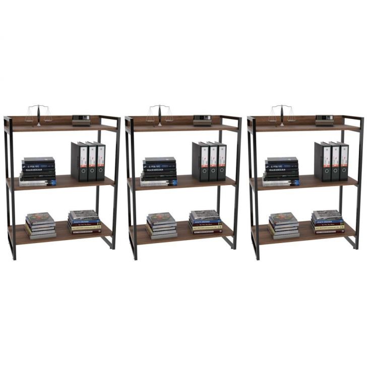 Kit 3 Estantes Livreiro Multiuso Prisma Estilo Industrial 80cm 3 Prateleiras C08 Nogal - Mpozenato