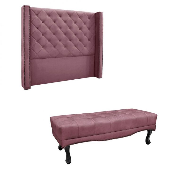 Conjunto de Cabeceira Queen com Recamier Vicenza Veludo Uva