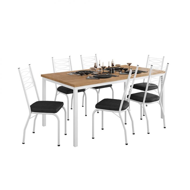 Conjunto De Mesa Retangular Com Tampo De Mdp Amadeirado E 6 Cadeiras Adriana I Revestimento Sintético Preto E Branco