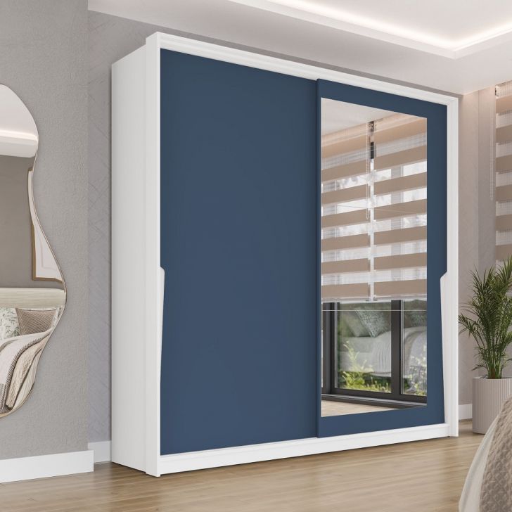 Guarda-roupa Casal Com Espelho Porto 2 Portas 2 Gavetas Branco E Azul