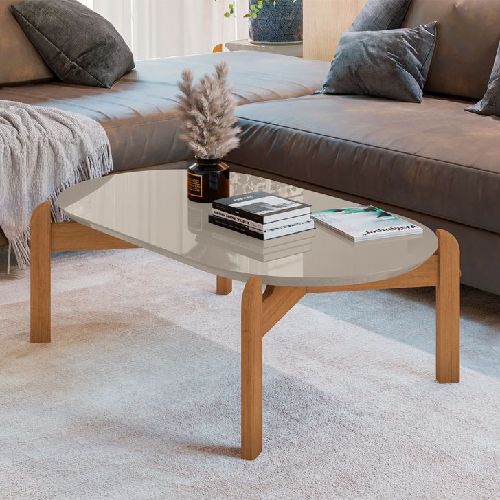 Mesa de Centro Oval Lizz Off White e Cedro