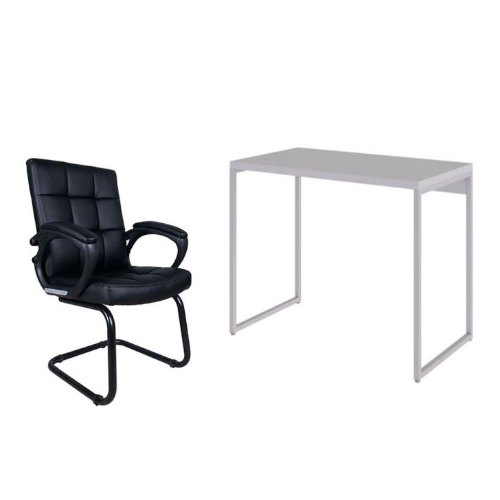 Conjunto de Mesa Studio Branca com Cadeira de Escritório Interlocutor Fixa Charles Preta