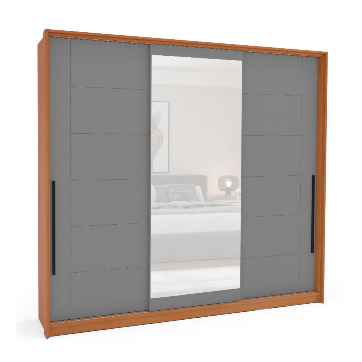 Image of Guarda-roupa Casal Com Espelho Lisboa 3 Portas 4 Gavetas Freijó E Cinza PLA-MO895CL51OSMMOB