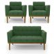 Conjunto 2 Poltronas e 1 Namoradeira Decorativa Karen Pés Fixo em Madeira Castanho Suede Verde G19 - Gran Belo