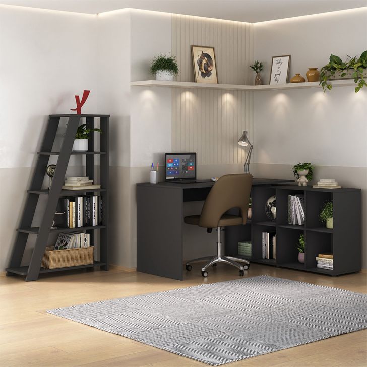 Mesa de Escritório em L Nero com Estante Star Preta