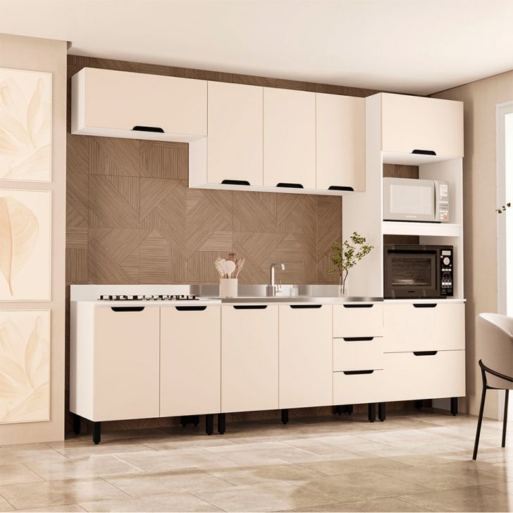Cozinha Compacta Sem Tampo Meena 10 Portas 4 Gavetas Creme E Branca
