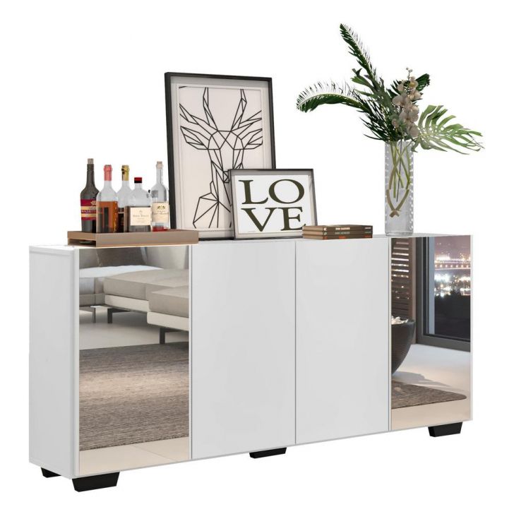 Aparador Buffet 4 Portas com Espelho e Pés Quadrados Vegas Multimóveis V3563 Branco/Preto