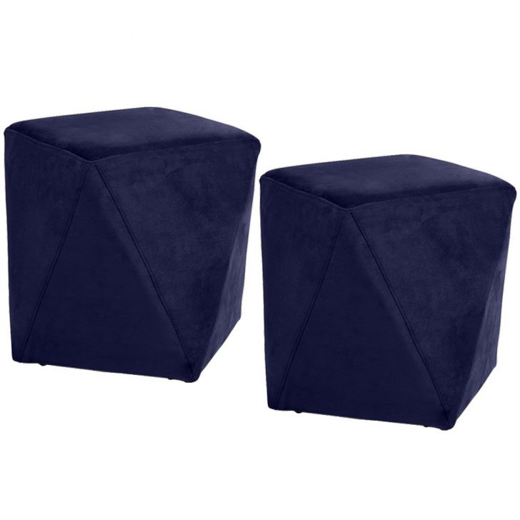 Kit 02 Puffs Decorativo Para Sala de Estar Ametista D02 Veludo Azul Marinho C-287 - Lyam Decor