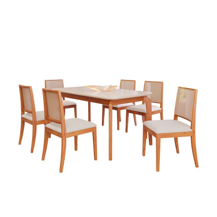 Conjunto De Mesa Retangular Com Tampo De Vidro Off White Ficus E 6 Cadeiras Buriti Linho Cru E Madeira 160 Cm