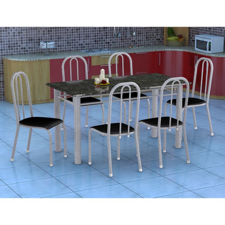 Conjunto De Mesa Granada Com 6 Cadeiras Madri Prata E Preto Liso Gr