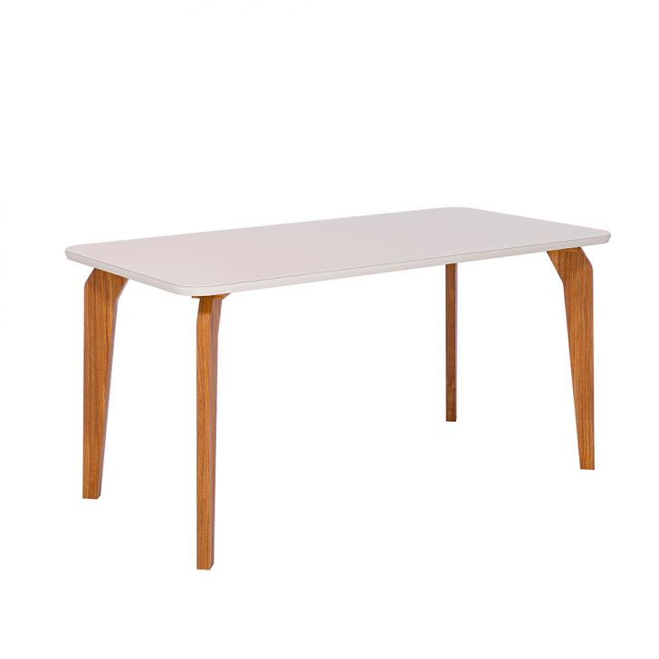 Mesa de Jantar Retangular com Tampo de Vidro Papaia Off White e Madeira 160 cm