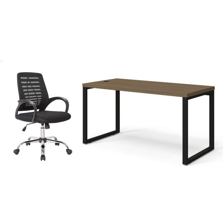 Conjunto de Mesa Munique Carvalho 150 cm com Cadeira de Escritório Secretária Giratória Light Preta