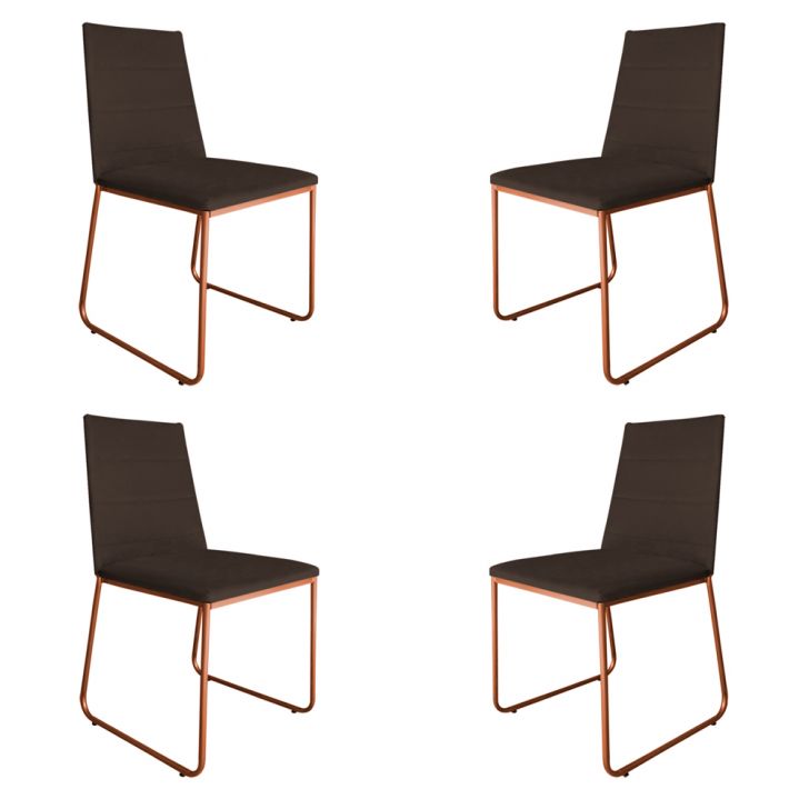 Kit 4 Cadeiras de Jantar Estofada Lille Base Bronze Veludo Marrom - Montanaris Decor