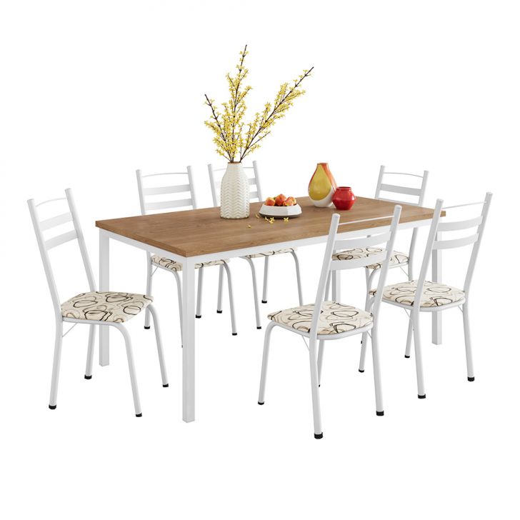 Conjunto De Mesa Retangular Com Tampo De Mdp Amadeirado E 6 Cadeiras Adriana Iii Revestimento Sintético Cedro E Branco