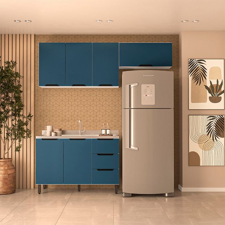 Cozinha Compacta sem Tampo Meena 6 Portas 3 Gavetas Azul e Branca