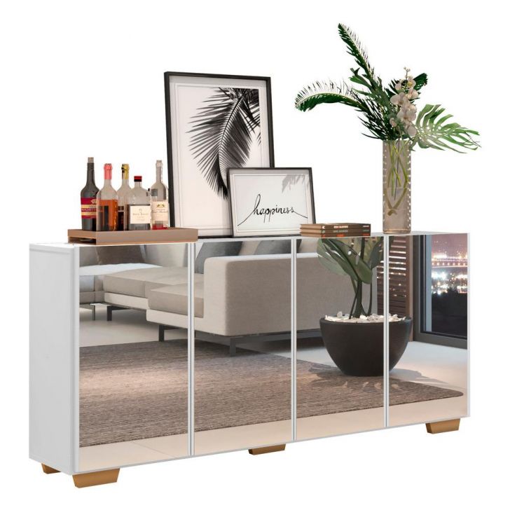 Aparador Buffet com Espelho Multimóveis Vegas com 4 Portas FG3560 Branco/Natural