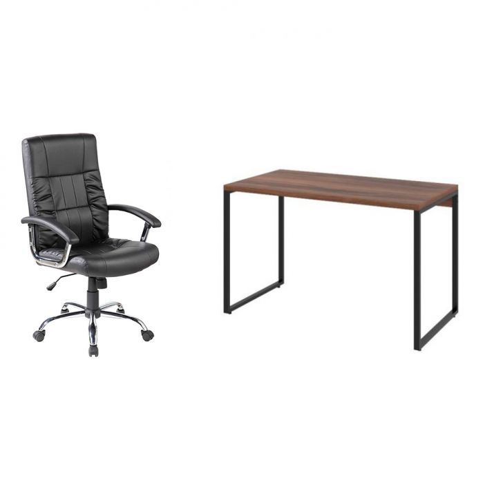 Conjunto de Mesa Kuadra Nogal 120 cm com Cadeira de Escritório Presidente Giratória com Relax Office Plus Preta
