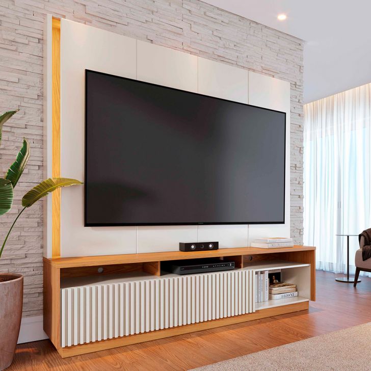 Estante para Home Theater e TV até 75 Polegadas Jordão com LED 2 Portas Off White e Freijó