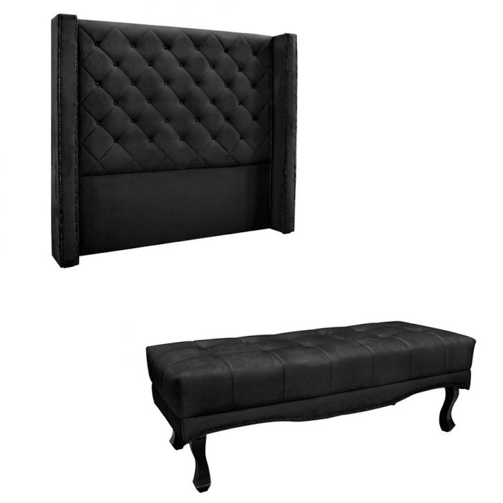 Conjunto de Cabeceira King com Recamier Vicenza Veludo Preto