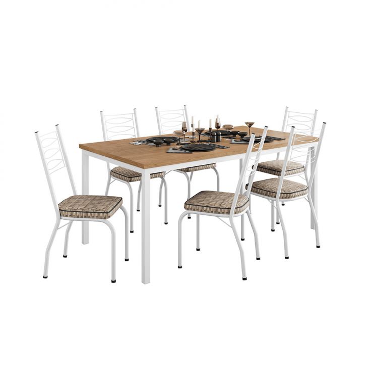 Conjunto De Mesa Retangular Com Tampo De Mdp Amadeirado E 6 Cadeiras Adriana I Revestimento Sintético Marrom E Branco