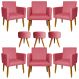 Kit 6 Poltronas Decorativas Para Sala, Recepção Nina + 3 Puff Redondo Suede Rosê Pé Castanho - Clique E Decore