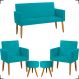 Kit Namoradeira + 2 Poltronas Decorativas Para Sala Nina + 2 Puff Redondos Suede Azul Turquesa Pé Castanho