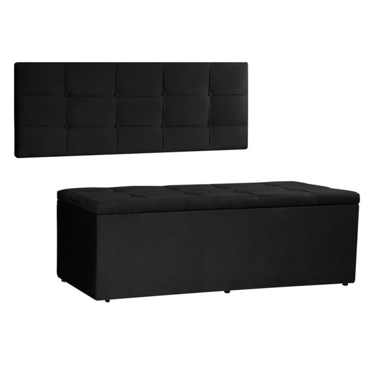 Kit Painel e Calçadeira Baú King 1,95m Roma Suede Preto - Pallazio