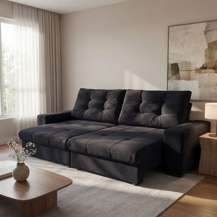 Sofá 3 Lugares Retrátil E Reclinável Biarritz Suede Preto