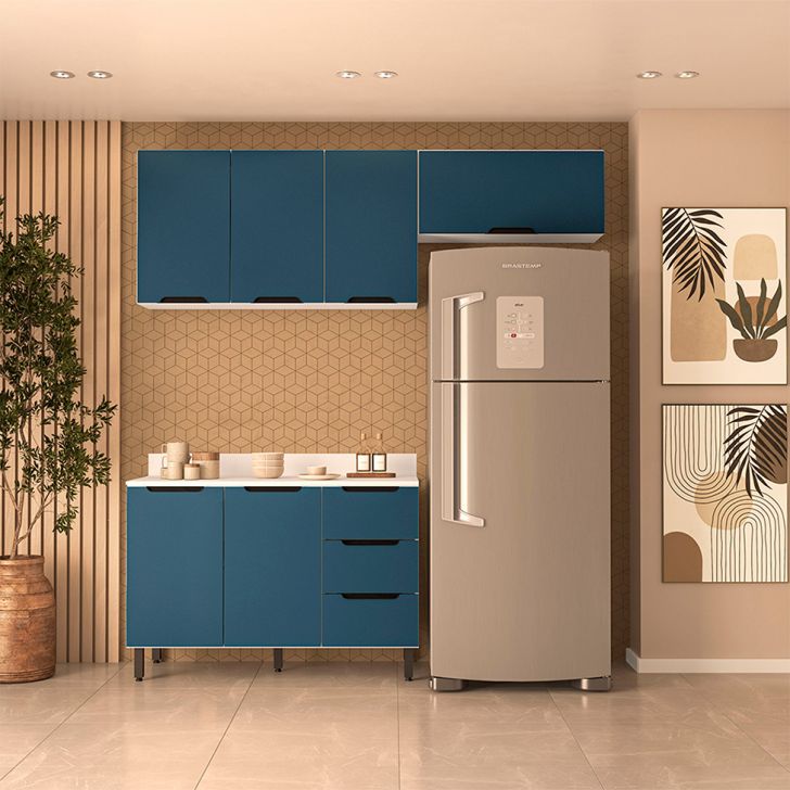Cozinha Completa Com Tampo Meena 6 Portas 3 Gavetas Azul E Branca