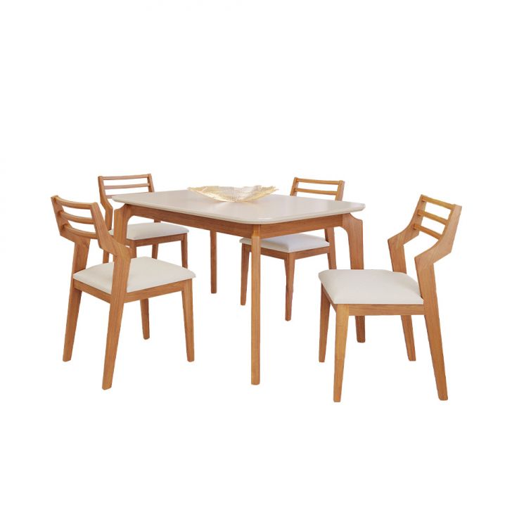 Conjunto De Mesa Retangular Com Tampo De Vidro Off White Ficus E 4 Cadeiras Damasco Linho Cru E Madeira 130 Cm
