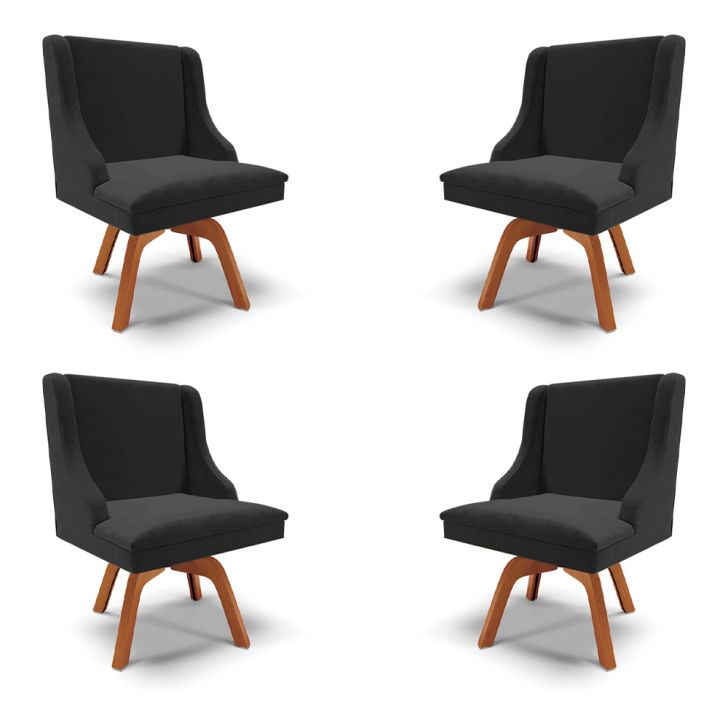 Kit 4 Cadeiras Decorativas Sala de Jantar Base Giratória de Madeira Firenze Veludo Preto/Natural G19 - Gran Belo