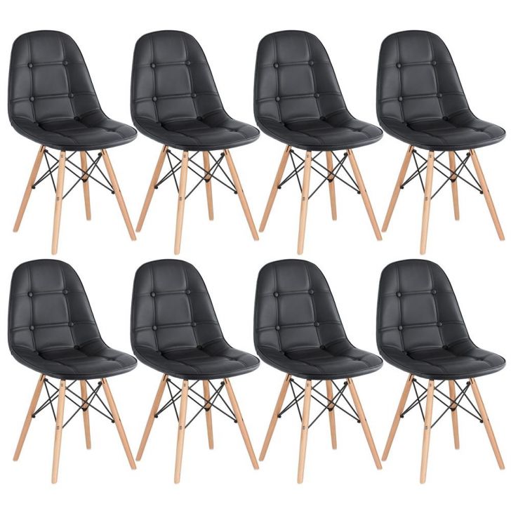 Kit 8 cadeiras estofadas Charles Eames Eiffel Botonê com pés de madeira clara Preto