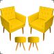 Kit 2 Poltronas Decorativas Nina Com Base E Capitonê + 2 Puff Redondo Suede Amarelo Pé Castanho - Clique E Decore