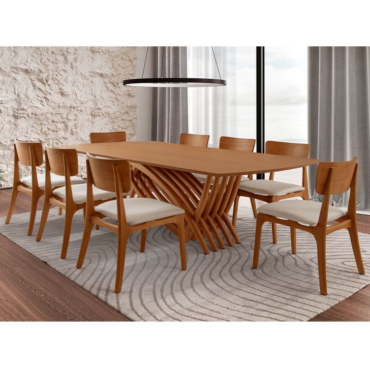 Image of Conjunto De Mesa De Jantar Retangular Com Tampo Madeira Grazzia E 8 Cadeiras Parma Linho Bege E Imbuia PLA-MO895TA41VNEMOB
