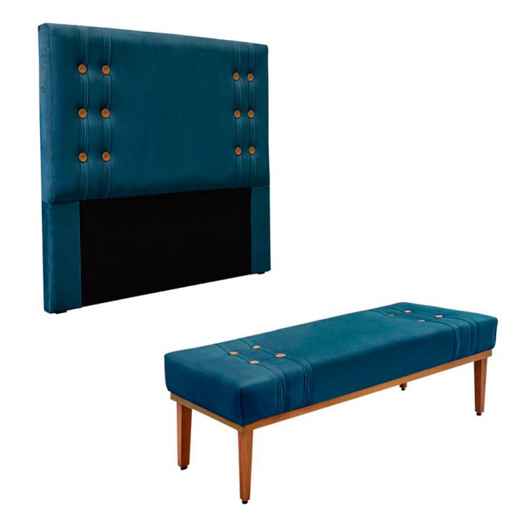 Conjunto de Cabeceira Queen com Recamier Gênova Veludo Azul Marinho