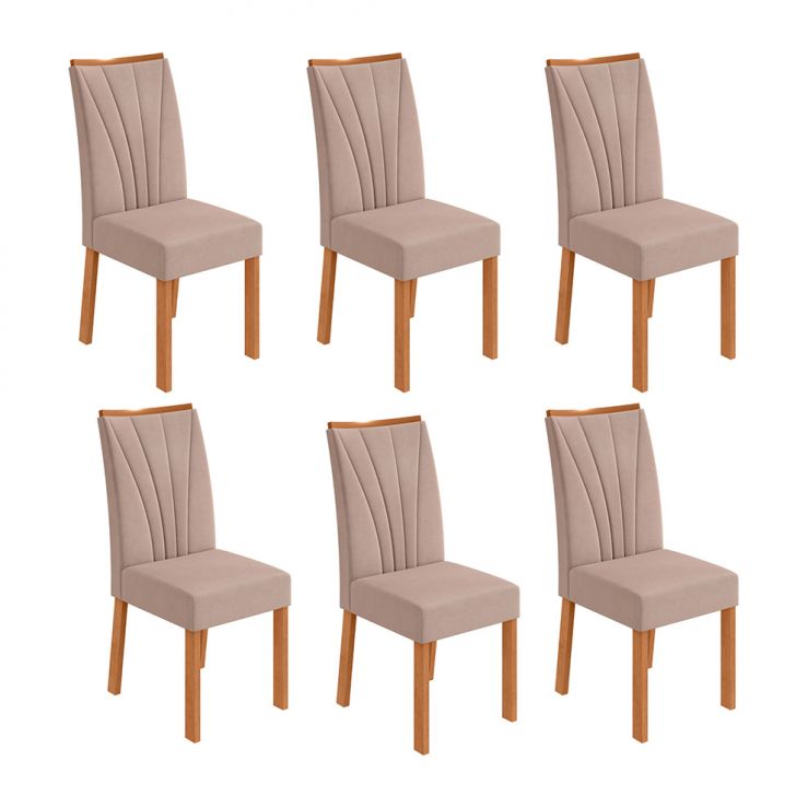 Conjunto com 6 Cadeiras Apogeu Veludo Creme e Amêndoa